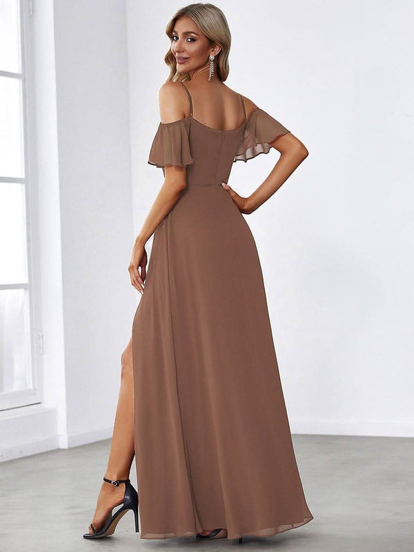 Stylish Cold Shoulder Flare Sleeves Flowy Bridesmaid Dress #color_Golden Roses ever REYA|Cold Shoulder High Slit Chiffon Wedding Guest Dress