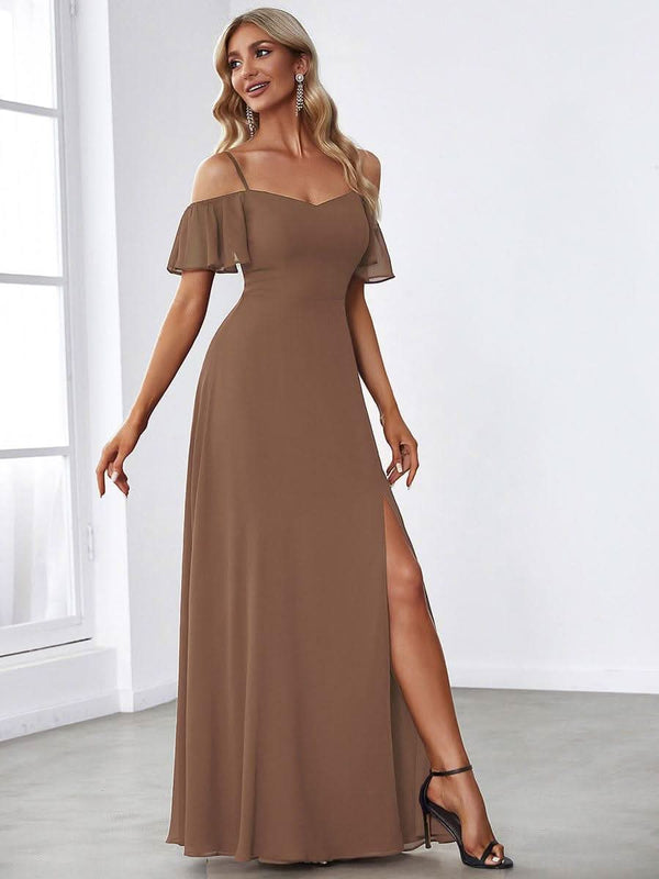 Stylish Cold Shoulder Flare Sleeves Flowy Bridesmaid Dress #color_Golden Roses ever REYA|Cold Shoulder High Slit Chiffon Wedding Guest Dress