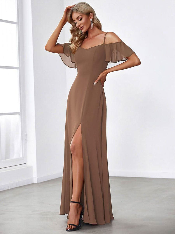 Stylish Cold Shoulder Flare Sleeves Flowy Bridesmaid Dress #color_Golden Roses ever REYA|Cold Shoulder High Slit Chiffon Wedding Guest Dress