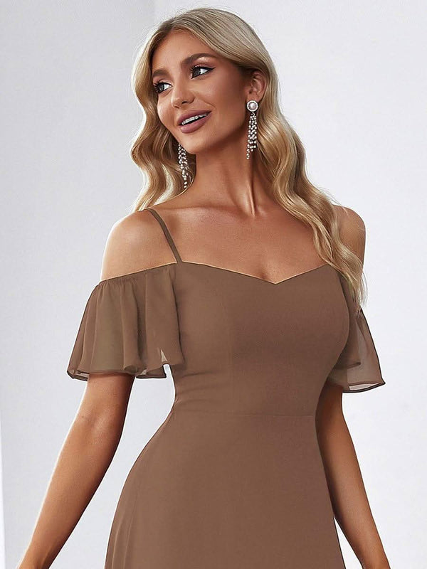 Stylish Cold Shoulder Flare Sleeves Flowy Bridesmaid Dress #color_Golden Roses ever REYA|Cold Shoulder High Slit Chiffon Wedding Guest Dress