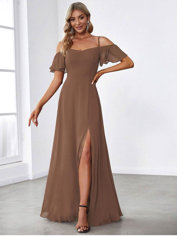Stylish Cold Shoulder Flare Sleeves Flowy Bridesmaid Dress #color_Golden Roses ever REYA|Cold Shoulder High Slit Chiffon Wedding Guest Dress