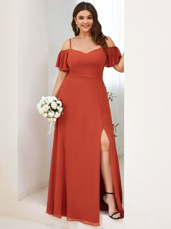 Stylish Cold Shoulder Flare Sleeves Flowy Bridesmaid Dress #color_Golden Roses ever REYA|Cold Shoulder High Slit Chiffon Wedding Guest Dress