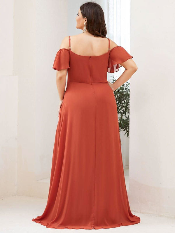 Stylish Cold Shoulder Flare Sleeves Flowy Bridesmaid Dress #color_Golden Roses ever REYA|Cold Shoulder High Slit Chiffon Wedding Guest Dress