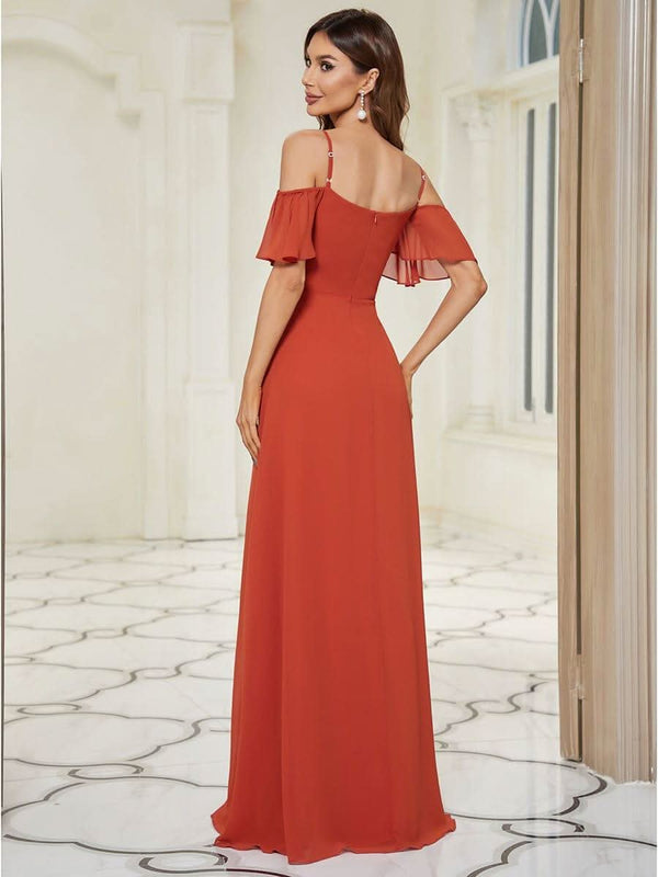 Stylish Cold Shoulder Flare Sleeves Flowy Bridesmaid Dress #color_Golden Roses ever REYA|Cold Shoulder High Slit Chiffon Wedding Guest Dress