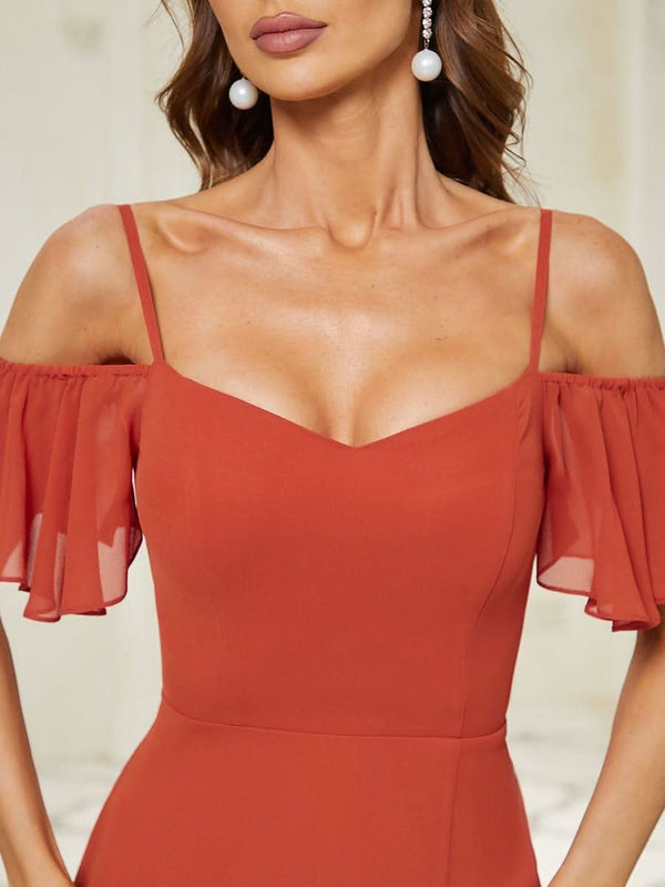 Stylish Cold Shoulder Flare Sleeves Flowy Bridesmaid Dress #color_Golden Roses ever REYA|Cold Shoulder High Slit Chiffon Wedding Guest Dress