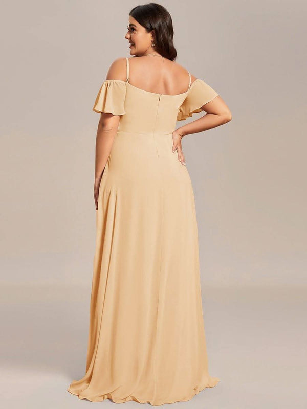 Stylish Cold Shoulder Flare Sleeves Flowy Bridesmaid Dress #color_Golden Roses ever REYA|Cold Shoulder High Slit Chiffon Wedding Guest Dress
