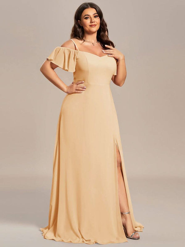 Stylish Cold Shoulder Flare Sleeves Flowy Bridesmaid Dress #color_Golden Roses ever REYA|Cold Shoulder High Slit Chiffon Wedding Guest Dress