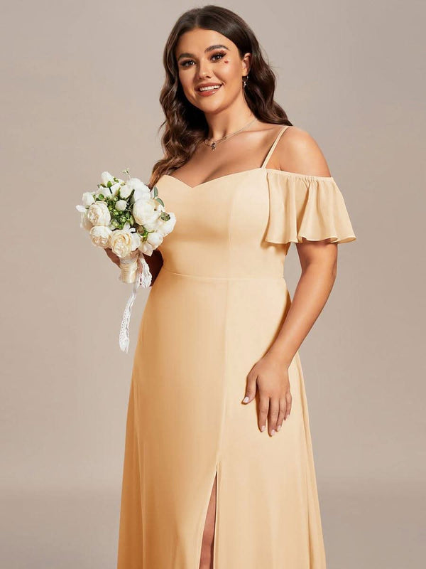 Stylish Cold Shoulder Flare Sleeves Flowy Bridesmaid Dress #color_Golden Roses ever REYA|Cold Shoulder High Slit Chiffon Wedding Guest Dress