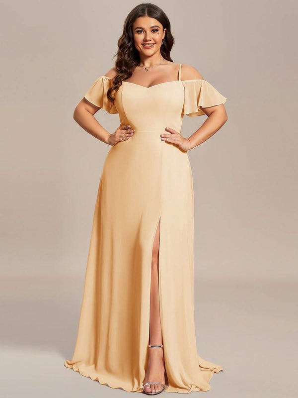 Stylish Cold Shoulder Flare Sleeves Flowy Bridesmaid Dress #color_Golden Roses ever REYA|Cold Shoulder High Slit Chiffon Wedding Guest Dress