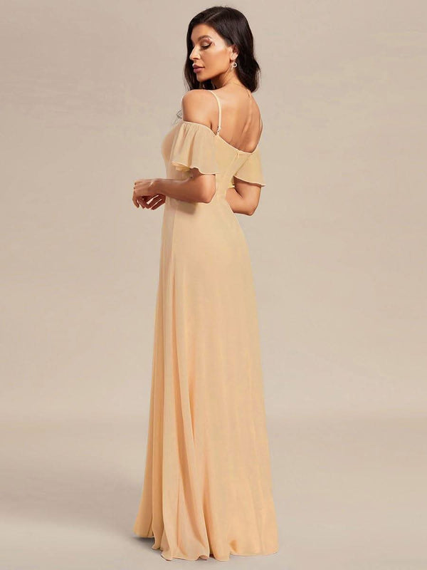 Stylish Cold Shoulder Flare Sleeves Flowy Bridesmaid Dress #color_Golden Roses ever REYA|Cold Shoulder High Slit Chiffon Wedding Guest Dress