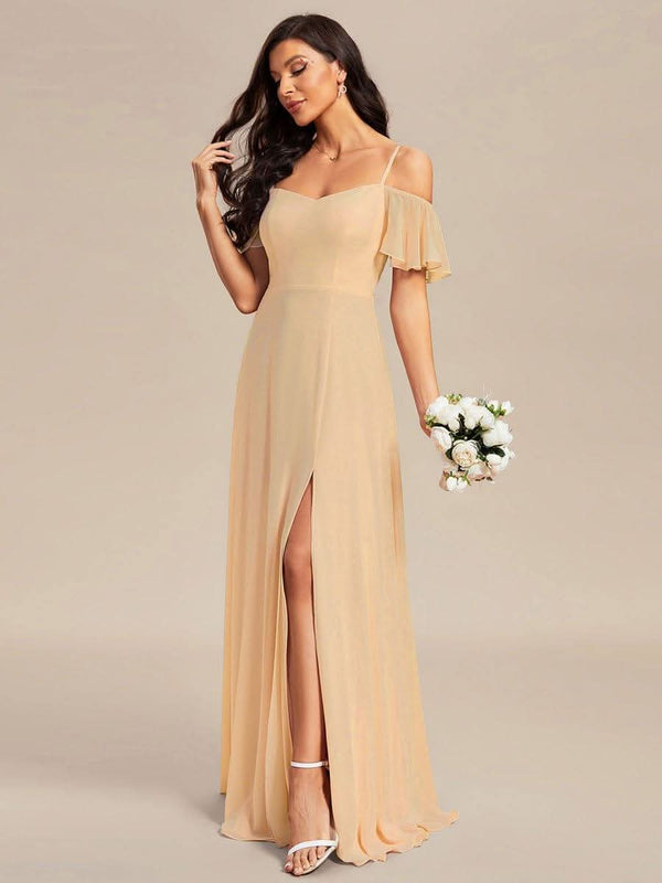 Stylish Cold Shoulder Flare Sleeves Flowy Bridesmaid Dress #color_Golden Roses ever REYA|Cold Shoulder High Slit Chiffon Wedding Guest Dress