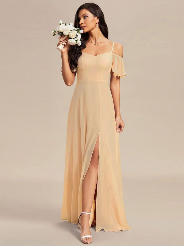 Stylish Cold Shoulder Flare Sleeves Flowy Bridesmaid Dress #color_Golden Roses ever REYA|Cold Shoulder High Slit Chiffon Wedding Guest Dress