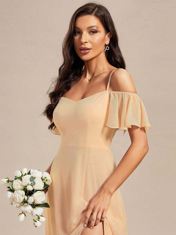 Stylish Cold Shoulder Flare Sleeves Flowy Bridesmaid Dress #color_Golden Roses ever REYA|Cold Shoulder High Slit Chiffon Wedding Guest Dress
