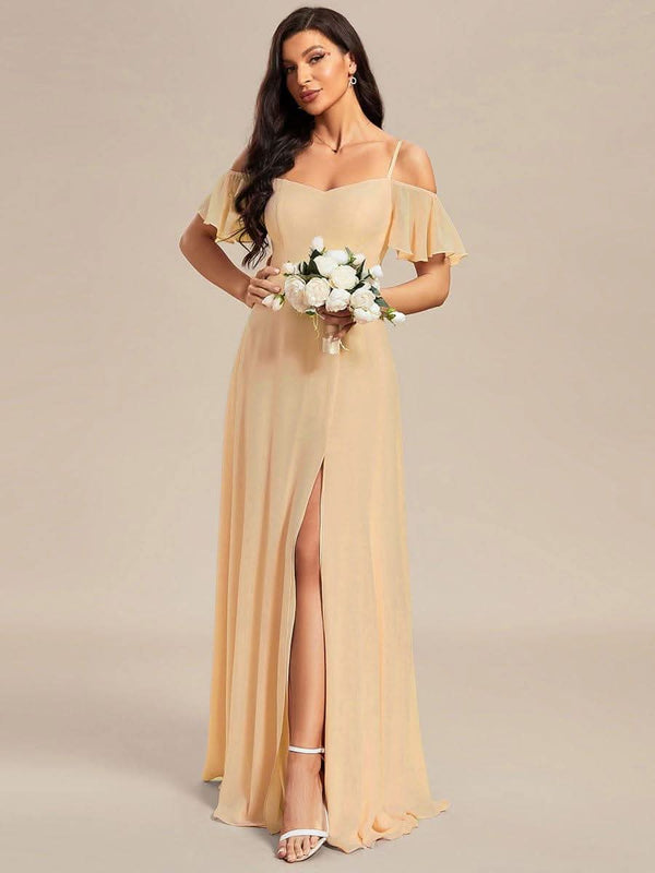 Stylish Cold Shoulder Flare Sleeves Flowy Bridesmaid Dress #color_Golden Roses ever REYA|Cold Shoulder High Slit Chiffon Wedding Guest Dress