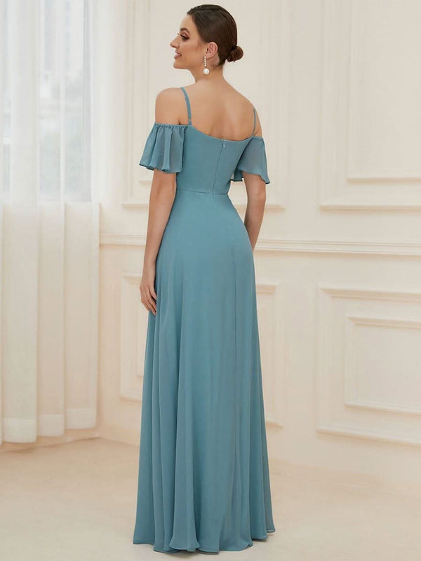 Stylish Cold Shoulder Flare Sleeves Flowy Bridesmaid Dress #color_Golden Roses ever REYA|Cold Shoulder High Slit Chiffon Wedding Guest Dress