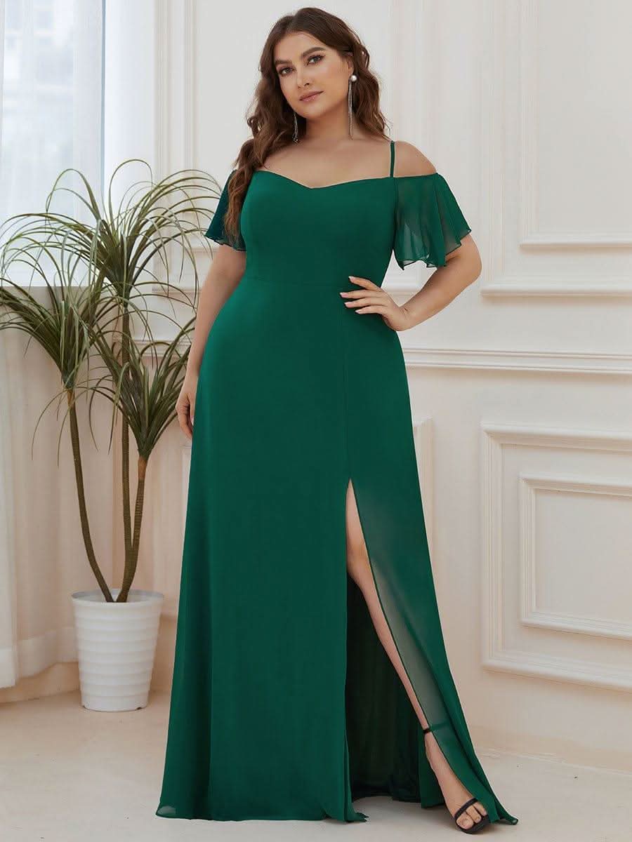 Stylish Cold Shoulder Flare Sleeves Flowy Bridesmaid Dress #color_Dark Green