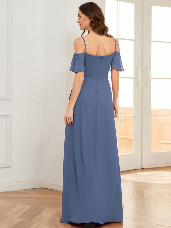 Stylish Cold Shoulder Flare Sleeves Flowy Bridesmaid Dress #color_Golden Roses ever REYA|Cold Shoulder High Slit Chiffon Wedding Guest Dress