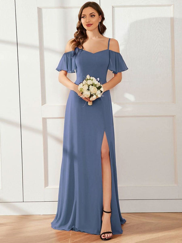 Stylish Cold Shoulder Flare Sleeves Flowy Bridesmaid Dress #color_Golden Roses ever REYA|Cold Shoulder High Slit Chiffon Wedding Guest Dress