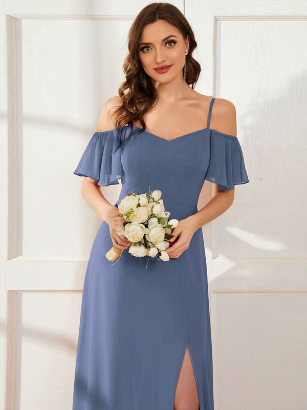 Stylish Cold Shoulder Flare Sleeves Flowy Bridesmaid Dress #color_Golden Roses ever REYA|Cold Shoulder High Slit Chiffon Wedding Guest Dress