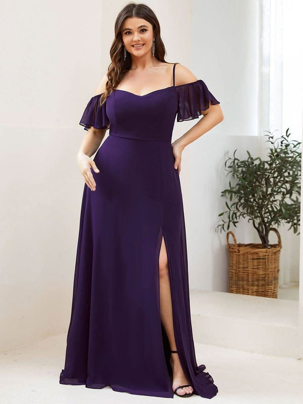 Stylish Cold Shoulder Flare Sleeves Flowy Bridesmaid Dress #color_Golden Roses ever REYA|Cold Shoulder High Slit Chiffon Wedding Guest Dress