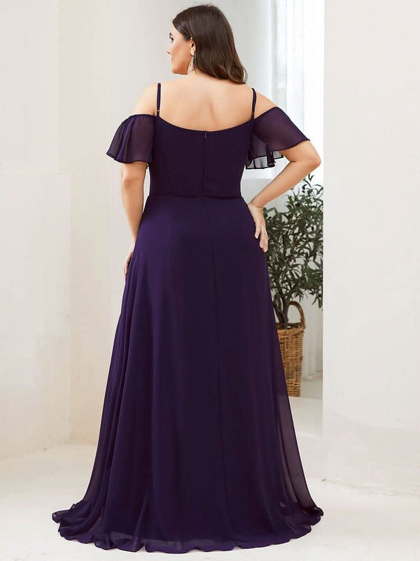 Stylish Cold Shoulder Flare Sleeves Flowy Bridesmaid Dress #color_Golden Roses ever REYA|Cold Shoulder High Slit Chiffon Wedding Guest Dress