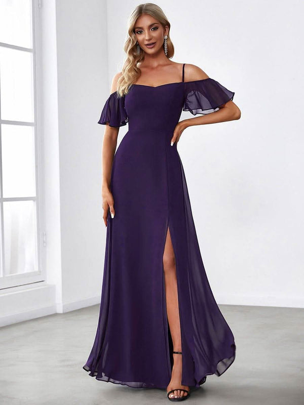 Stylish Cold Shoulder Flare Sleeves Flowy Bridesmaid Dress #color_Golden Roses ever REYA|Cold Shoulder High Slit Chiffon Wedding Guest Dress