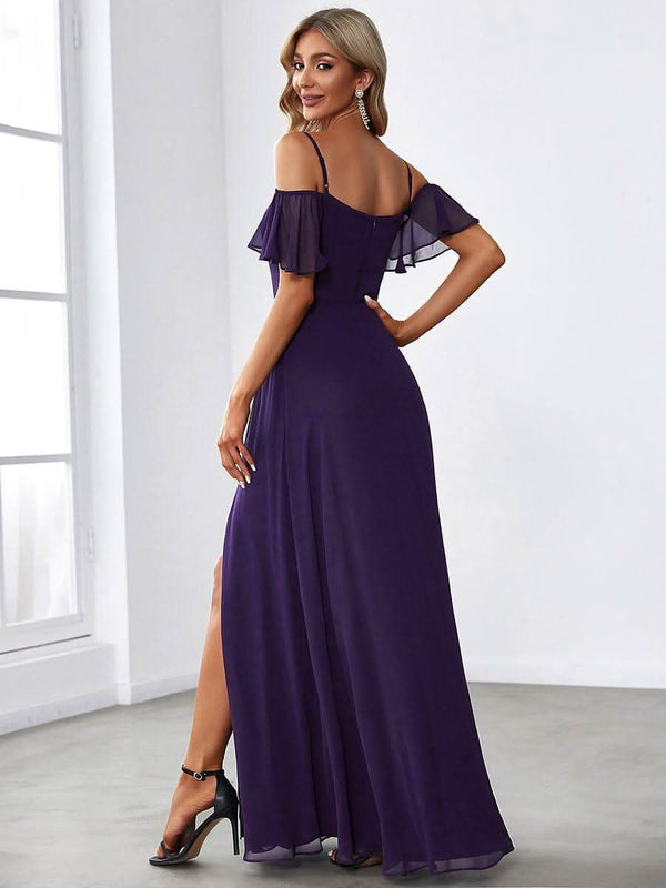 Stylish Cold Shoulder Flare Sleeves Flowy Bridesmaid Dress #color_Golden Roses ever REYA|Cold Shoulder High Slit Chiffon Wedding Guest Dress