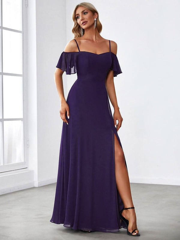 Stylish Cold Shoulder Flare Sleeves Flowy Bridesmaid Dress #color_Golden Roses ever REYA|Cold Shoulder High Slit Chiffon Wedding Guest Dress