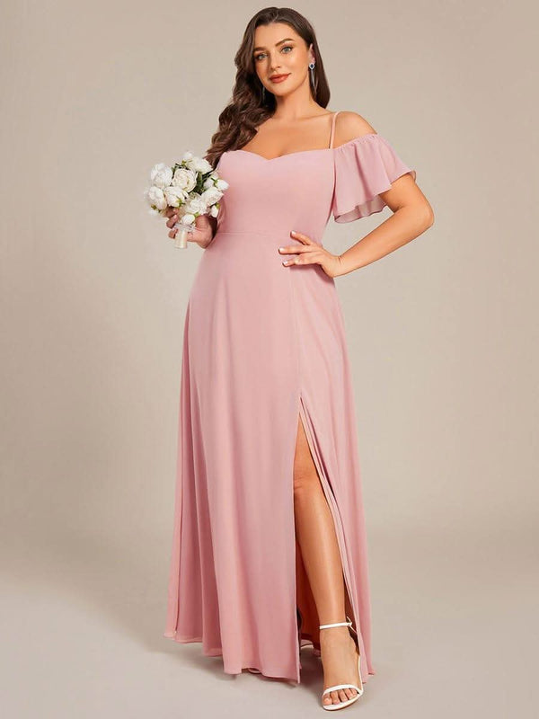 Stylish Cold Shoulder Flare Sleeves Flowy Bridesmaid Dress #color_Golden Roses ever REYA|Cold Shoulder High Slit Chiffon Wedding Guest Dress