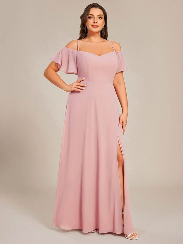 Stylish Cold Shoulder Flare Sleeves Flowy Bridesmaid Dress #color_Golden Roses ever REYA|Cold Shoulder High Slit Chiffon Wedding Guest Dress