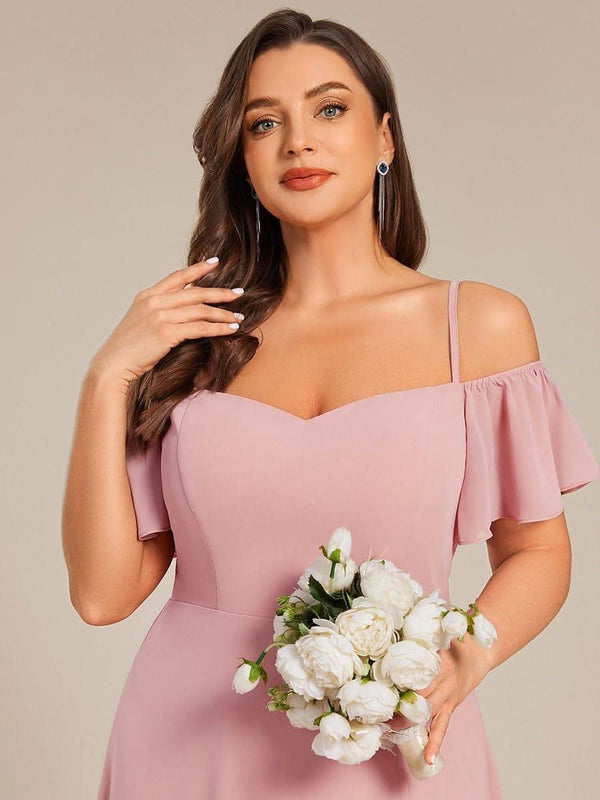 Stylish Cold Shoulder Flare Sleeves Flowy Bridesmaid Dress #color_Golden Roses ever REYA|Cold Shoulder High Slit Chiffon Wedding Guest Dress