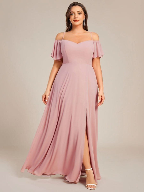 Stylish Cold Shoulder Flare Sleeves Flowy Bridesmaid Dress #color_Golden Roses ever REYA|Cold Shoulder High Slit Chiffon Wedding Guest Dress