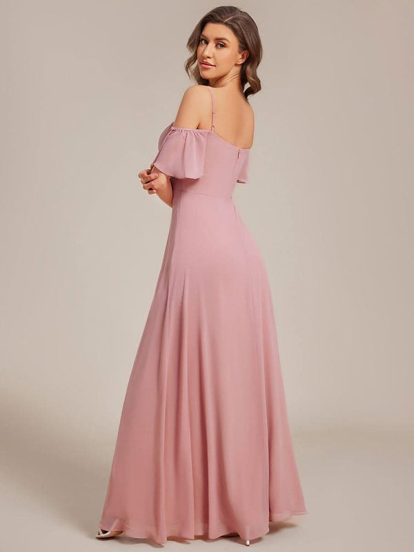 Stylish Cold Shoulder Flare Sleeves Flowy Bridesmaid Dress #color_Golden Roses ever REYA|Cold Shoulder High Slit Chiffon Wedding Guest Dress