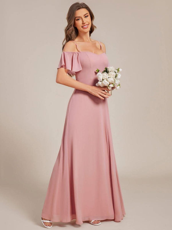 Stylish Cold Shoulder Flare Sleeves Flowy Bridesmaid Dress #color_Golden Roses ever REYA|Cold Shoulder High Slit Chiffon Wedding Guest Dress