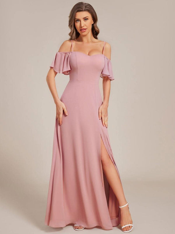 Stylish Cold Shoulder Flare Sleeves Flowy Bridesmaid Dress #color_Golden Roses ever REYA|Cold Shoulder High Slit Chiffon Wedding Guest Dress