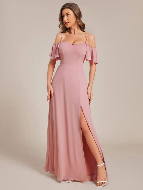 Stylish Cold Shoulder Flare Sleeves Flowy Bridesmaid Dress #color_Golden Roses ever REYA|Cold Shoulder High Slit Chiffon Wedding Guest Dress