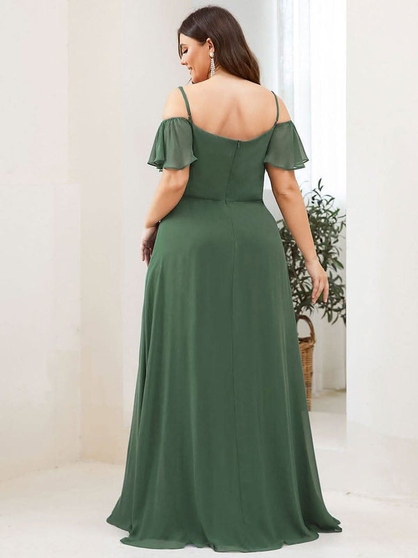 Stylish Cold Shoulder Flare Sleeves Flowy Bridesmaid Dress #color_Golden Roses ever REYA|Cold Shoulder High Slit Chiffon Wedding Guest Dress