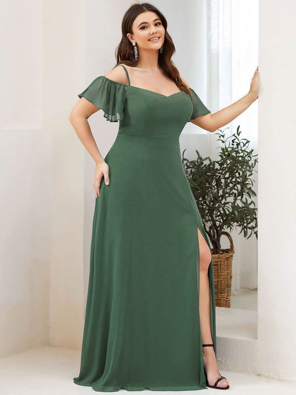 Stylish Cold Shoulder Flare Sleeves Flowy Bridesmaid Dress #color_Golden Roses ever REYA|Cold Shoulder High Slit Chiffon Wedding Guest Dress