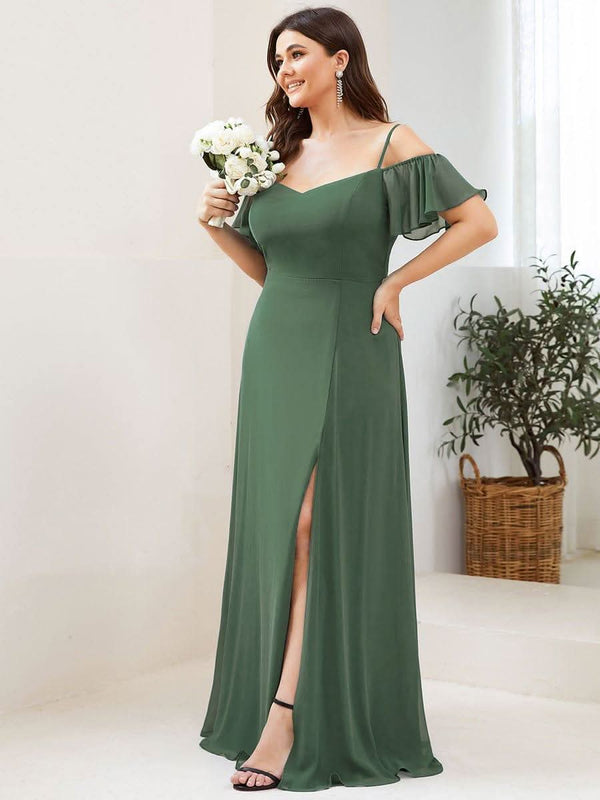 Stylish Cold Shoulder Flare Sleeves Flowy Bridesmaid Dress #color_Golden Roses ever REYA|Cold Shoulder High Slit Chiffon Wedding Guest Dress