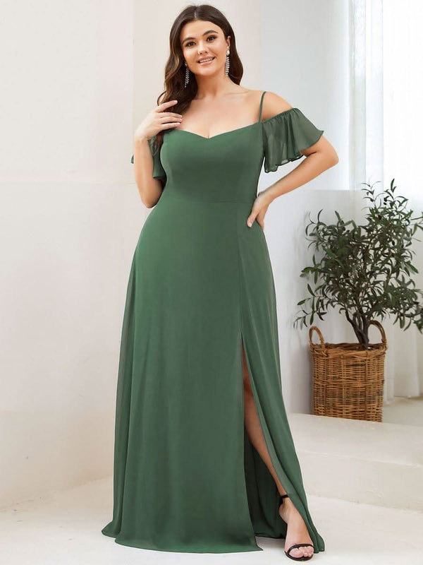 Stylish Cold Shoulder Flare Sleeves Flowy Bridesmaid Dress #color_Golden Roses ever REYA|Cold Shoulder High Slit Chiffon Wedding Guest Dress