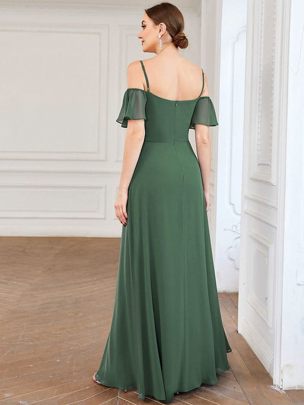 Stylish Cold Shoulder Flare Sleeves Flowy Bridesmaid Dress #color_Golden Roses ever REYA|Cold Shoulder High Slit Chiffon Wedding Guest Dress