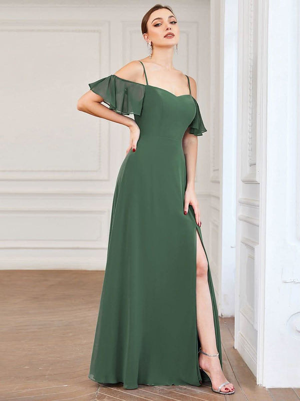 Stylish Cold Shoulder Flare Sleeves Flowy Bridesmaid Dress #color_Golden Roses ever REYA|Cold Shoulder High Slit Chiffon Wedding Guest Dress