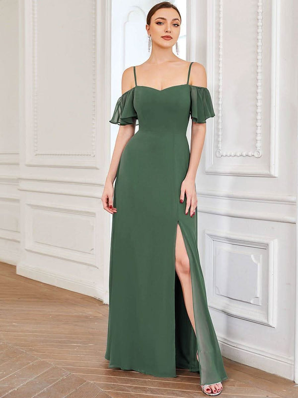 Stylish Cold Shoulder Flare Sleeves Flowy Bridesmaid Dress #color_Golden Roses ever REYA|Cold Shoulder High Slit Chiffon Wedding Guest Dress