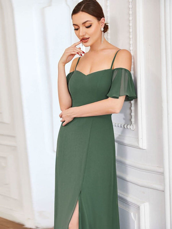 Stylish Cold Shoulder Flare Sleeves Flowy Bridesmaid Dress #color_Golden Roses ever REYA|Cold Shoulder High Slit Chiffon Wedding Guest Dress