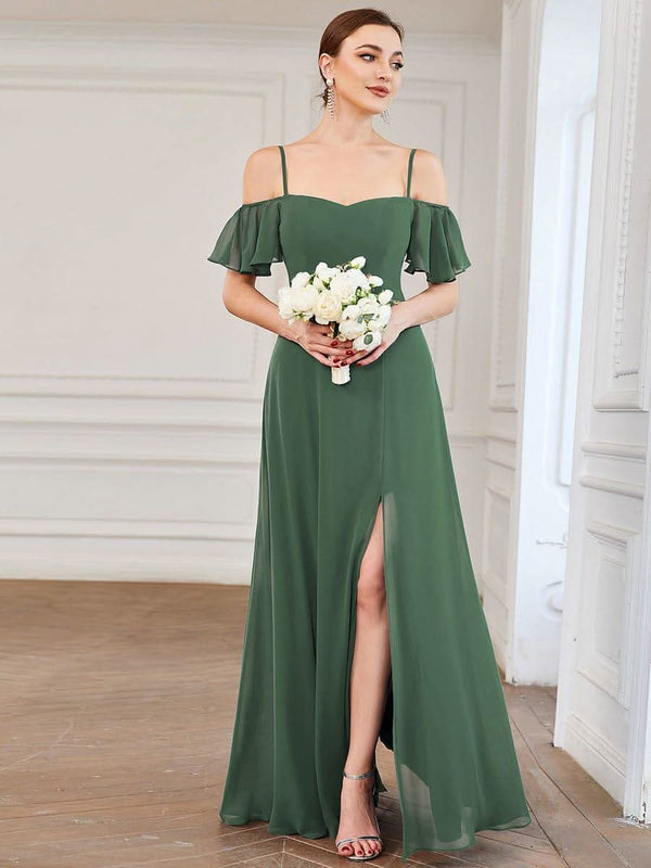 Stylish Cold Shoulder Flare Sleeves Flowy Bridesmaid Dress #color_Golden Roses ever REYA|Cold Shoulder High Slit Chiffon Wedding Guest Dress