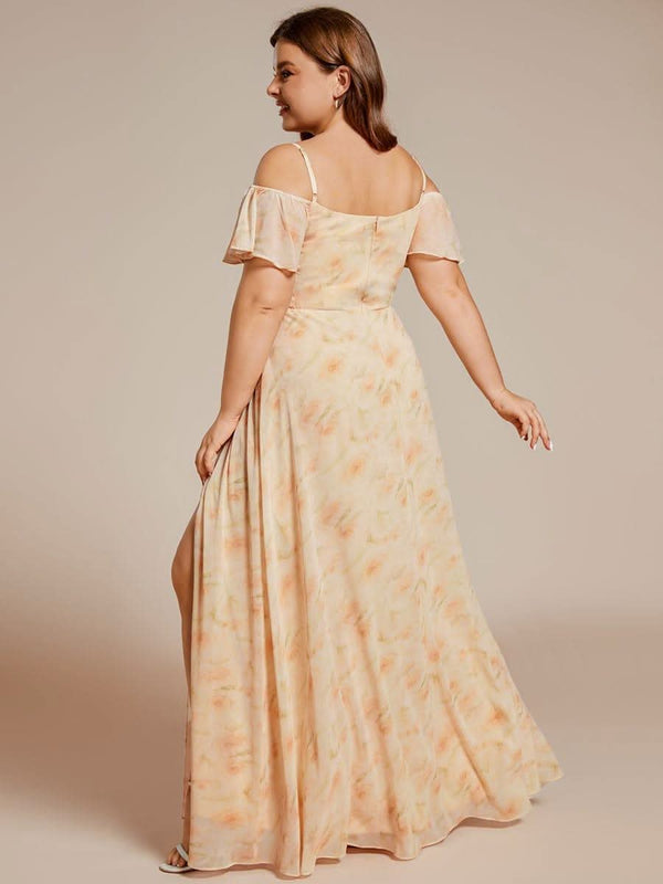Stylish Cold Shoulder Flare Sleeves Flowy Bridesmaid Dress #color_Golden Roses ever REYA|Cold Shoulder High Slit Chiffon Wedding Guest Dress
