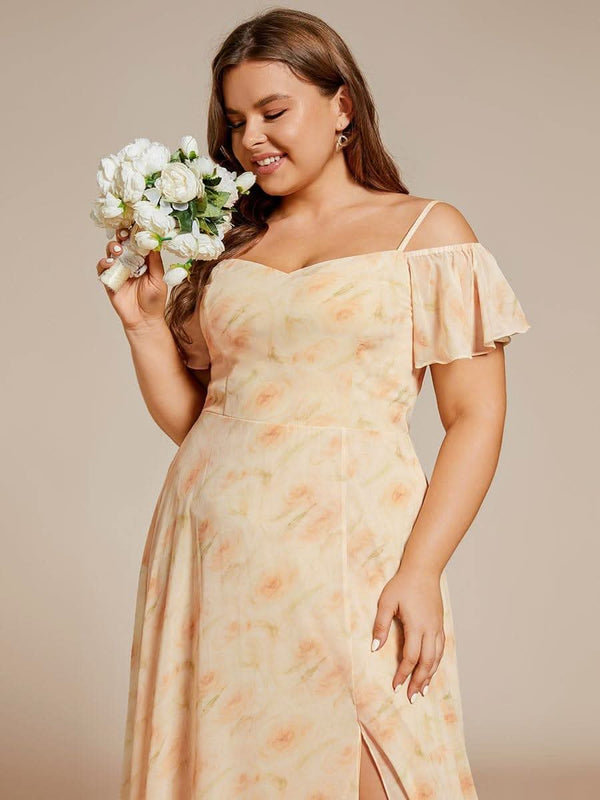 Stylish Cold Shoulder Flare Sleeves Flowy Bridesmaid Dress #color_Golden Roses ever REYA|Cold Shoulder High Slit Chiffon Wedding Guest Dress