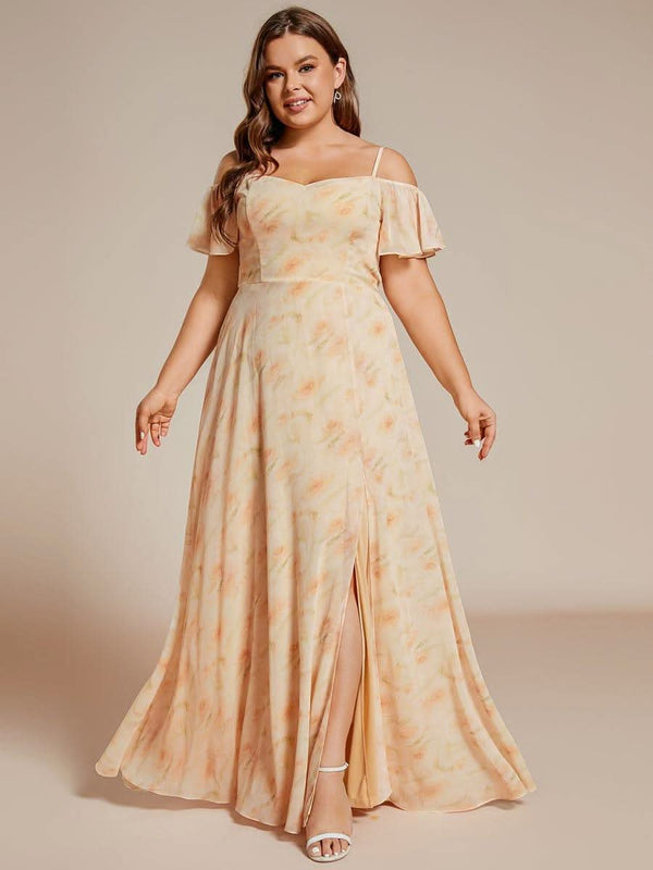 Stylish Cold Shoulder Flare Sleeves Flowy Bridesmaid Dress #color_Golden Roses ever REYA|Cold Shoulder High Slit Chiffon Wedding Guest Dress