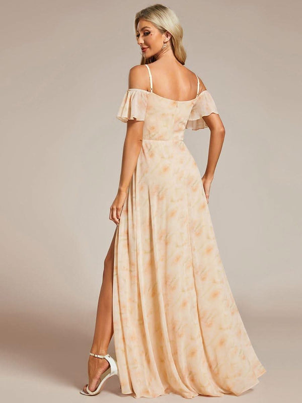 Stylish Cold Shoulder Flare Sleeves Flowy Bridesmaid Dress #color_Golden Roses ever REYA|Cold Shoulder High Slit Chiffon Wedding Guest Dress