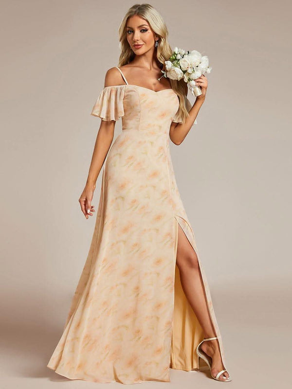 Stylish Cold Shoulder Flare Sleeves Flowy Bridesmaid Dress #color_Golden Roses ever REYA|Cold Shoulder High Slit Chiffon Wedding Guest Dress